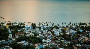 Aerial view of a coastal city in Mexico